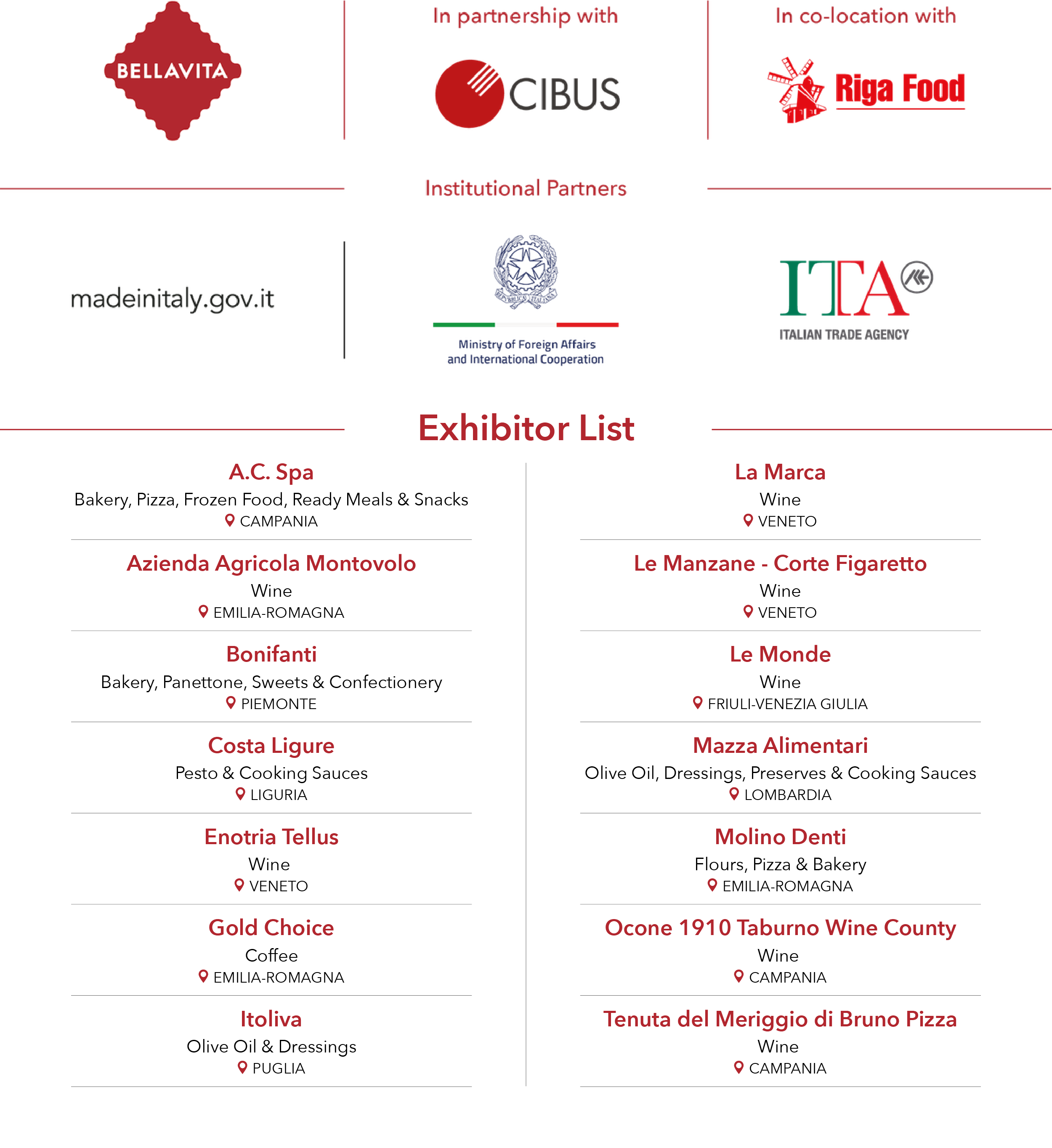 Exhibitor List Espositori Bellavita Riga Food 2023